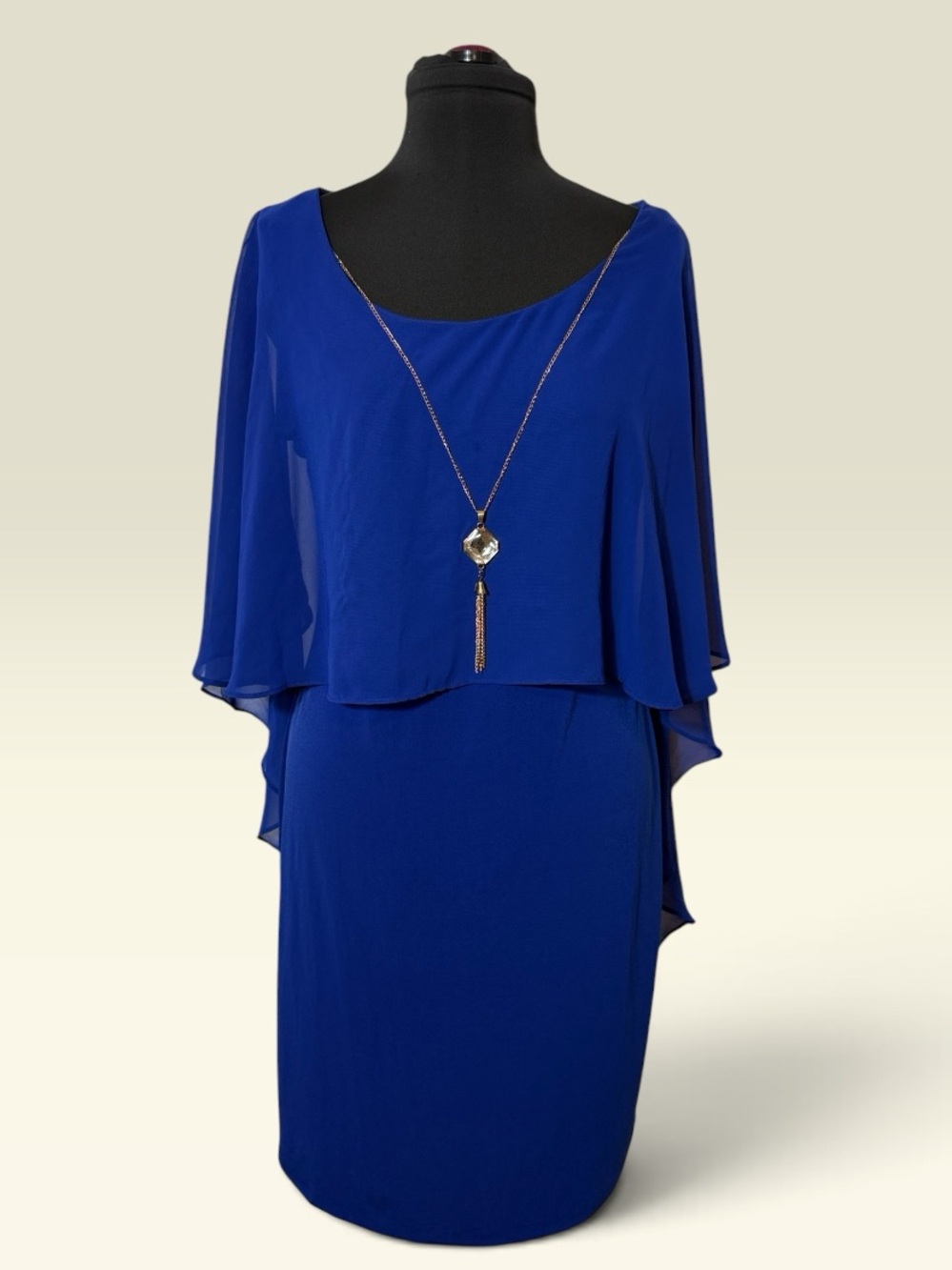 Glamour Royal Blue Midi Dress with Draped Cape Overlay & Attached Gold Necklace